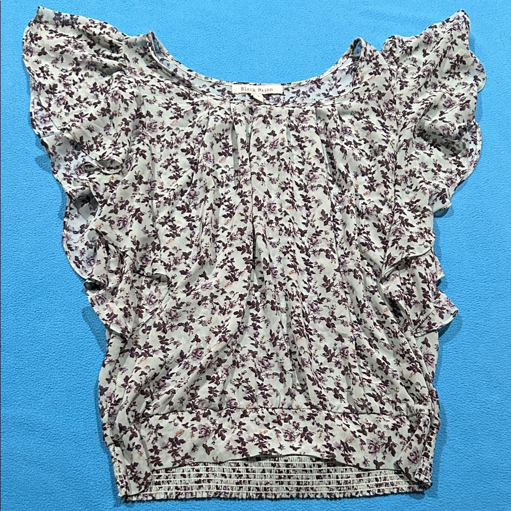 Black Rainn Mint Green Blouse with Plum Floral Print and Ruffle Sleeves